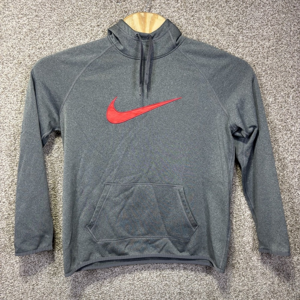 Nike Dri-FIT Hoodie Womens Large Gray Fleece Pullover Red Swoosh 803443-022